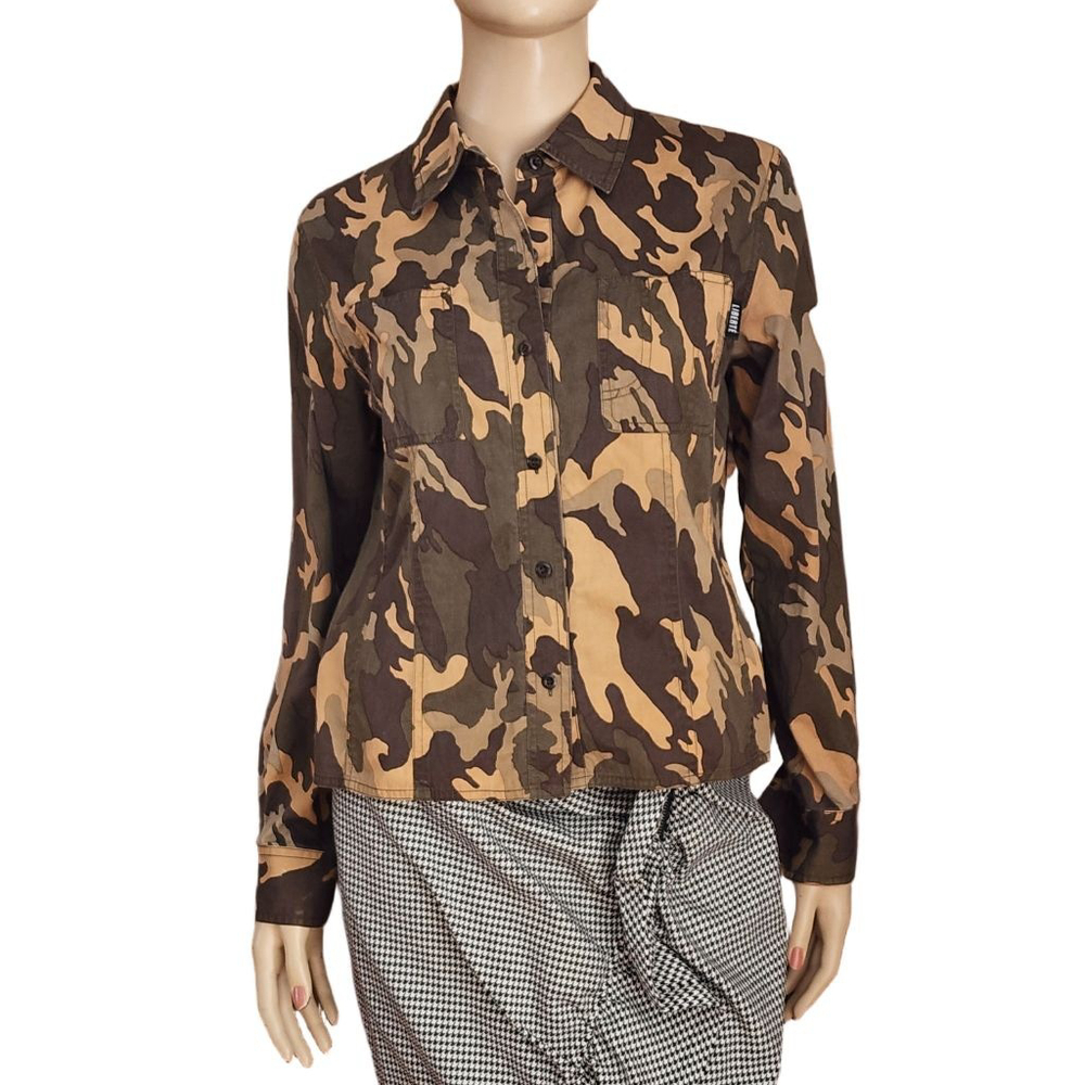 EMANUEL UNGARO Liberté Camo Button Down Shirt Size 42 8 Brown Green